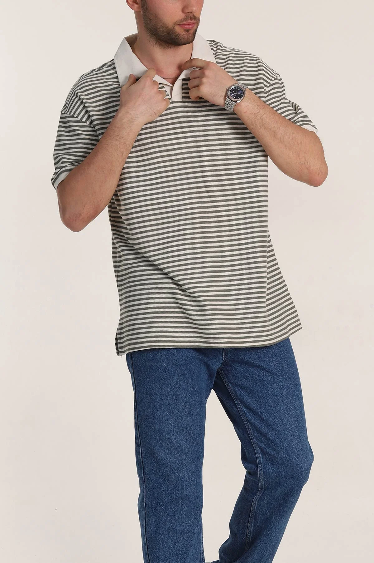 Su Yeşili Çizgili Oversize Örme Polo Yaka Erkek Tişört 349892