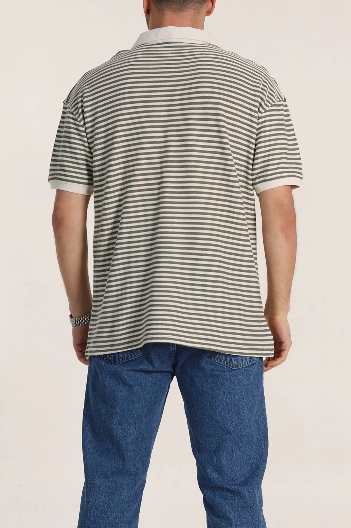 Su Yeşili Çizgili Oversize Örme Polo Yaka Erkek Tişört 349892