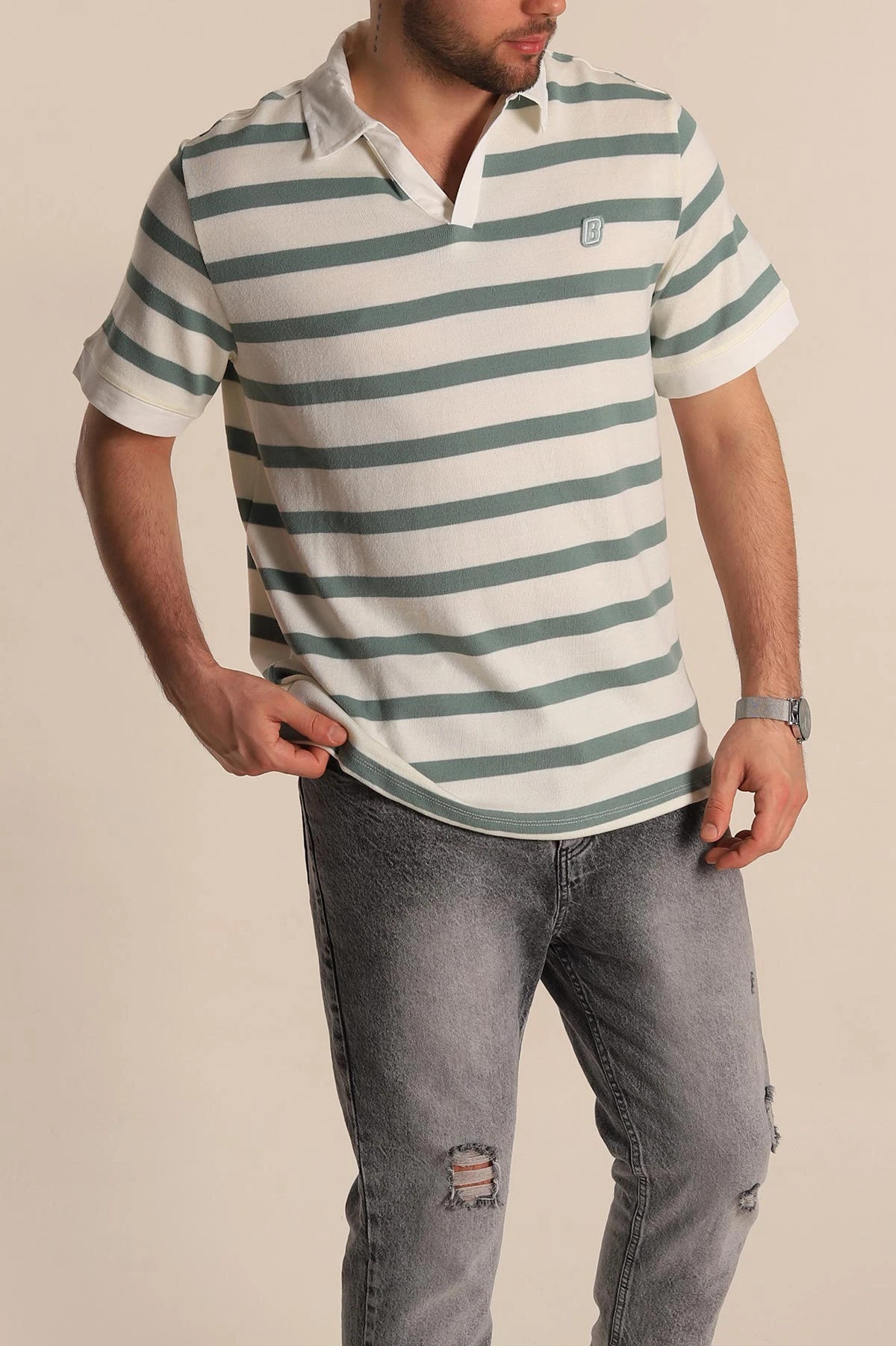 Su Yeşili Çizgili Oversize Polo Yaka Erkek Tişört 272823