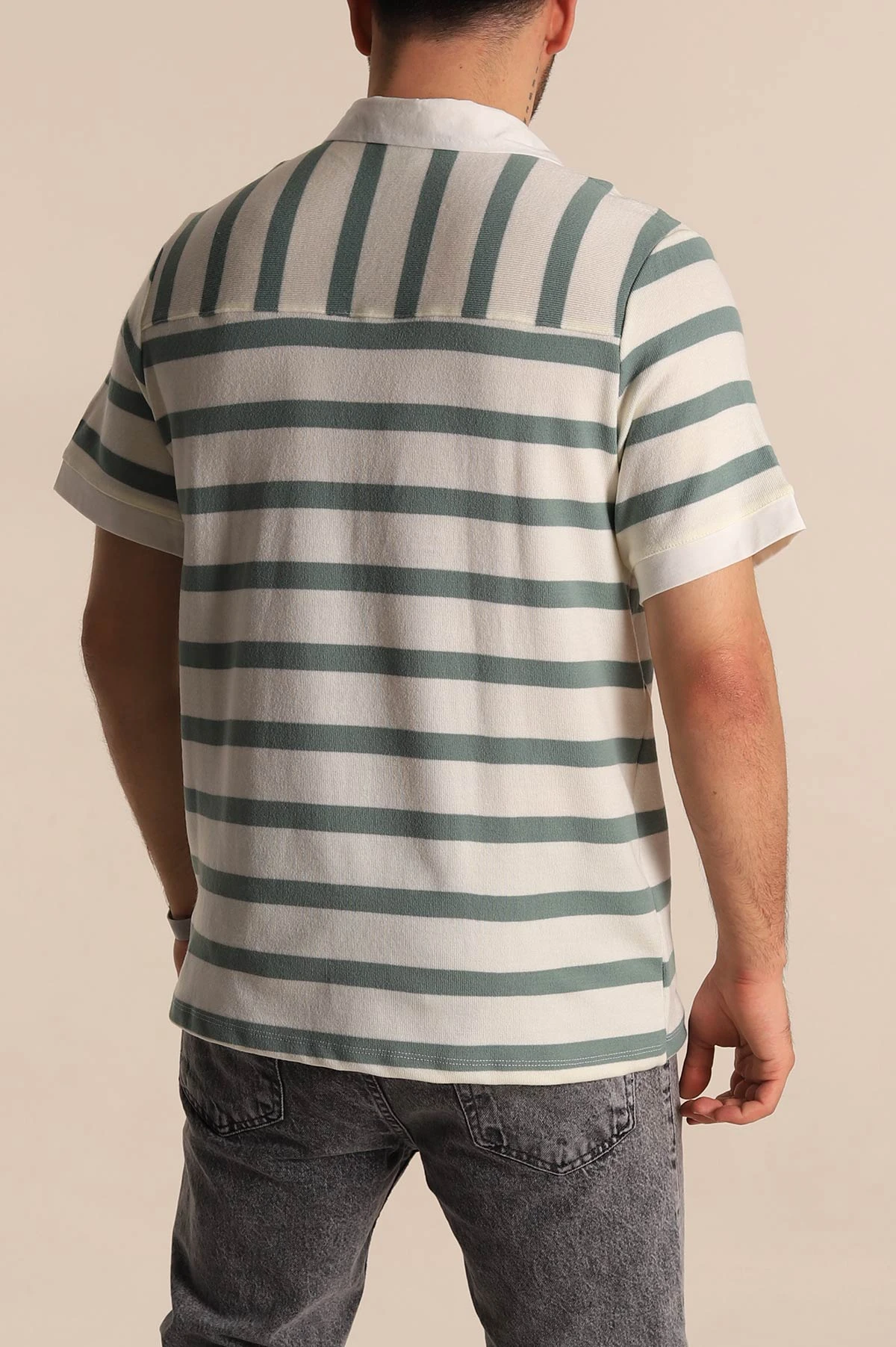 Su Yeşili Çizgili Oversize Polo Yaka Erkek Tişört 272823