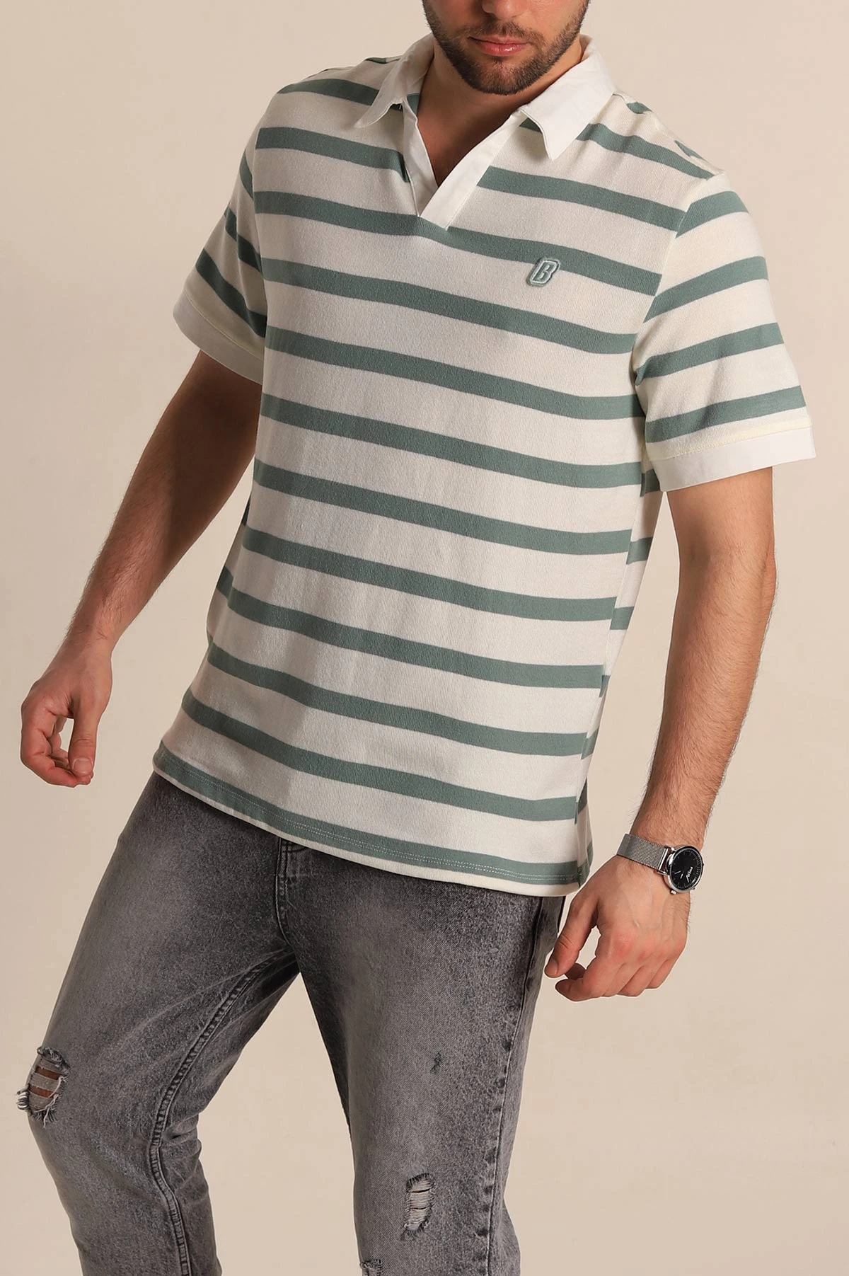 Su Yeşili Çizgili Oversize Polo Yaka Erkek Tişört 272823