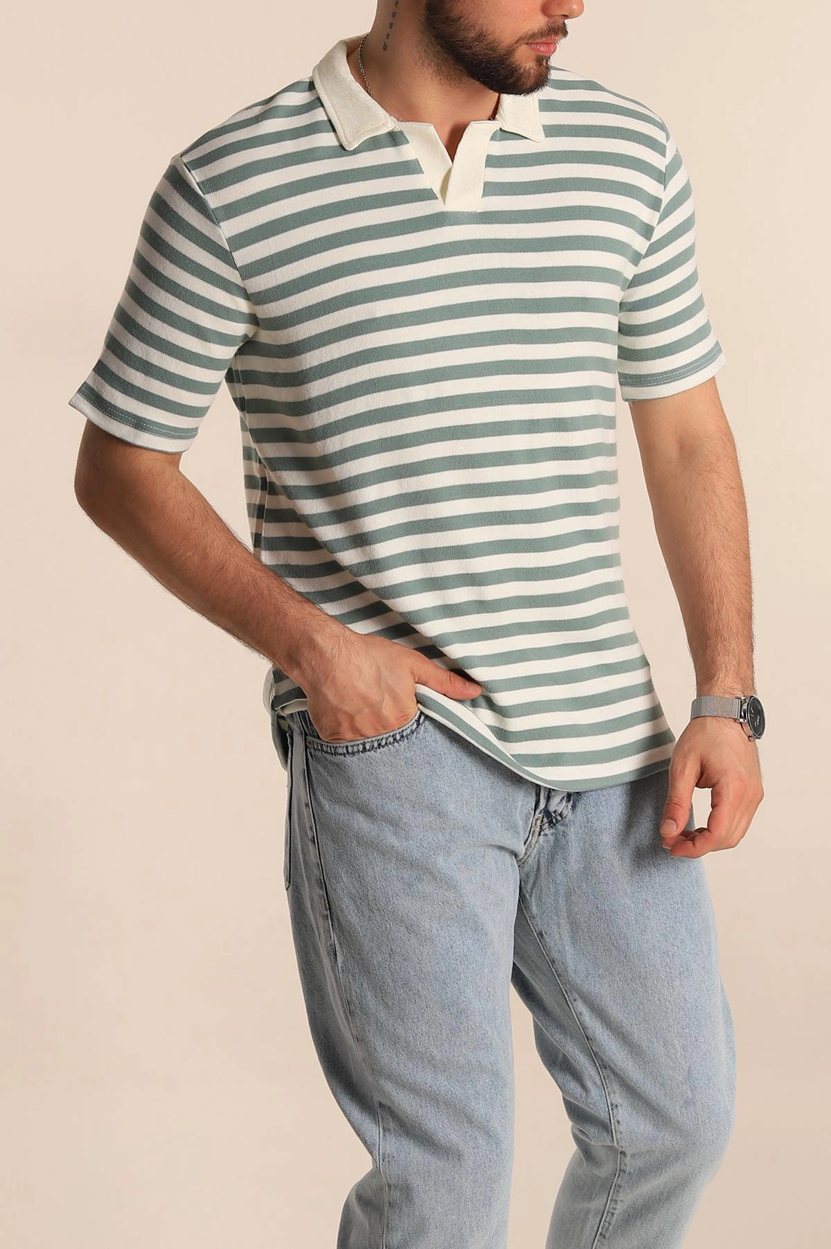 Su Yeşili Çizgili Relaxed Fit Polo Yaka Erkek Triko Tişört 276750