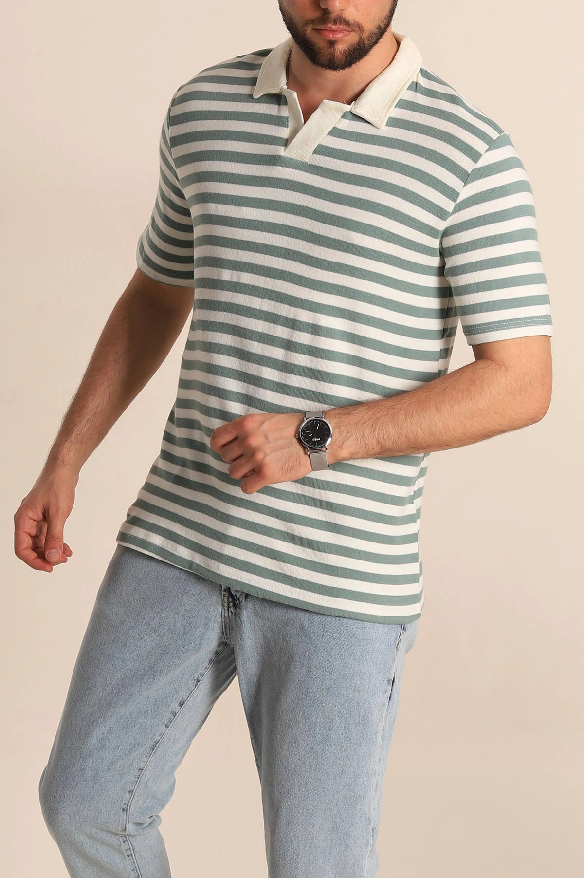 Su Yeşili Çizgili Relaxed Fit Polo Yaka Erkek Triko Tişört 276750