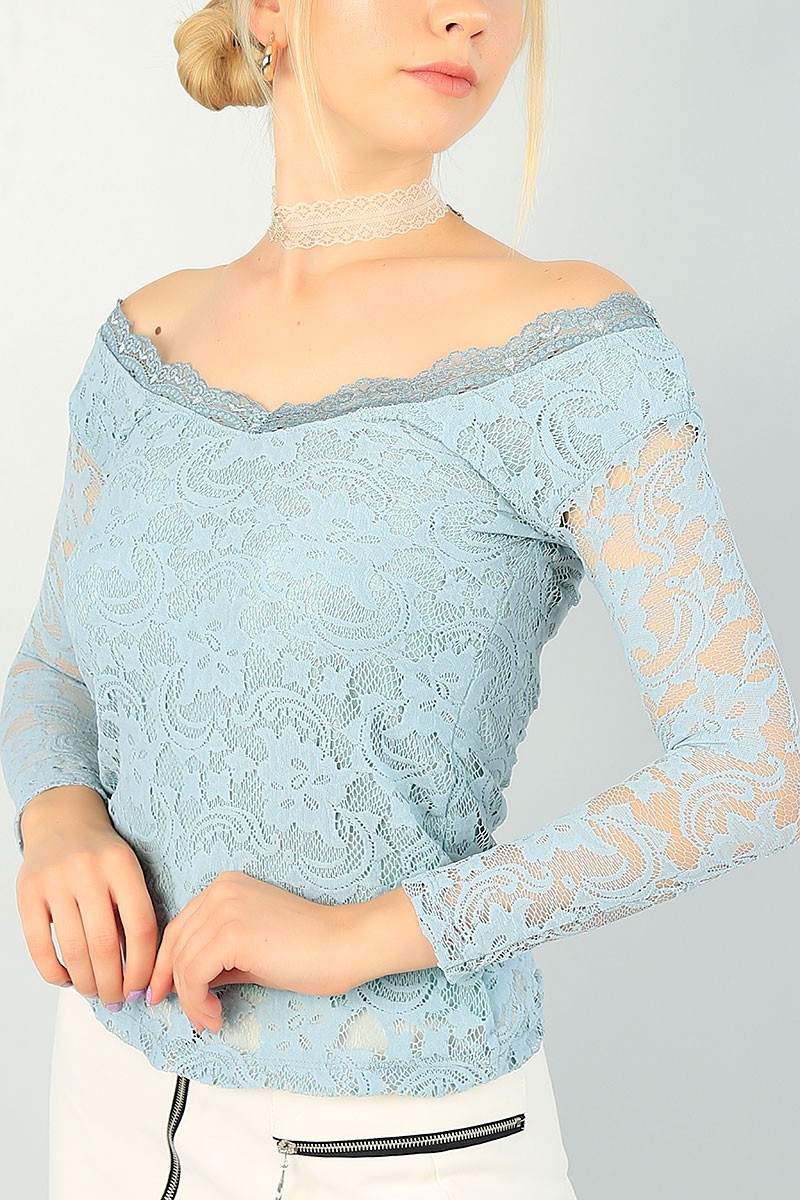 Su Yeşili Dantel Tasarım Astarlı Bluz 73166