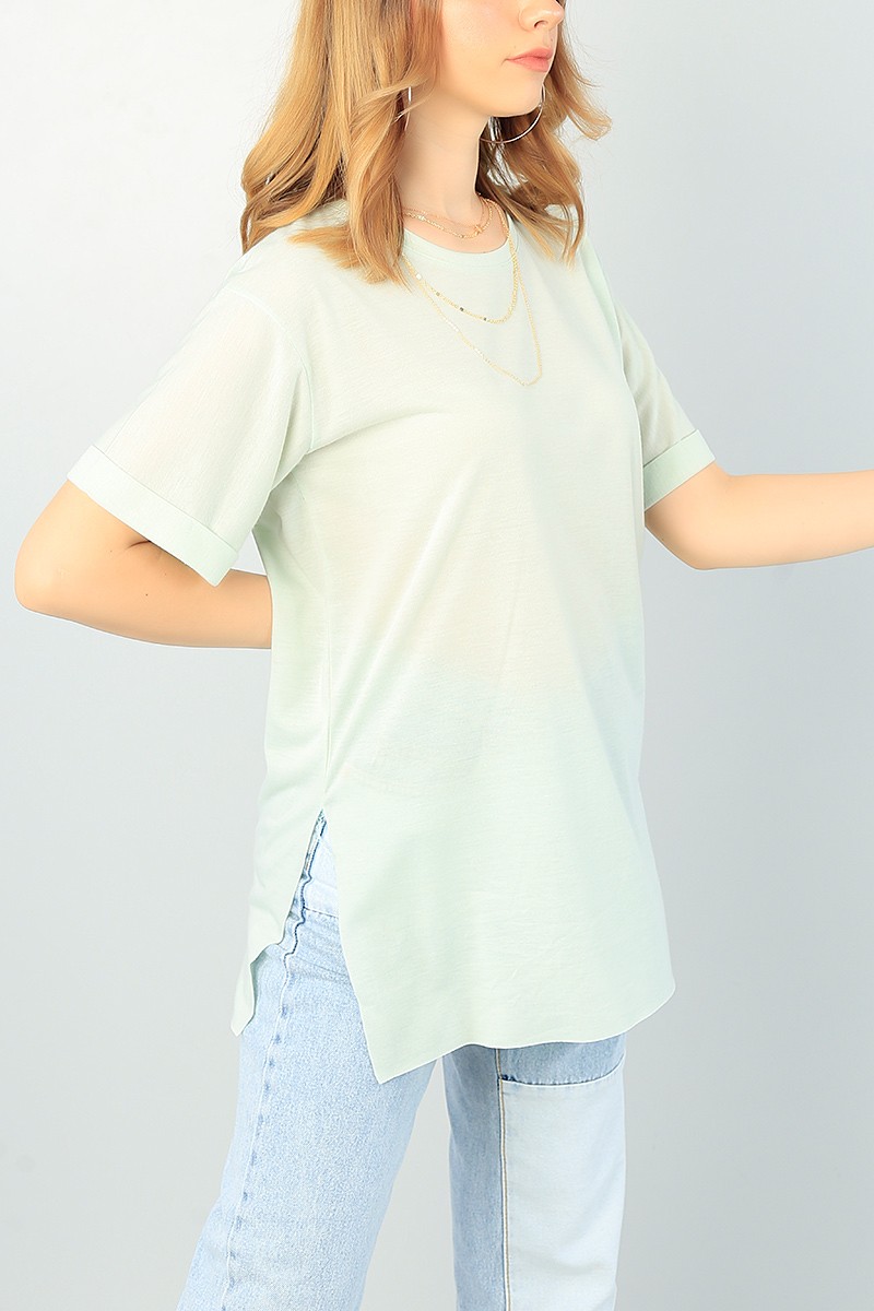 Su Yeşili Duble Kol Bayan Basic Tişört 67499