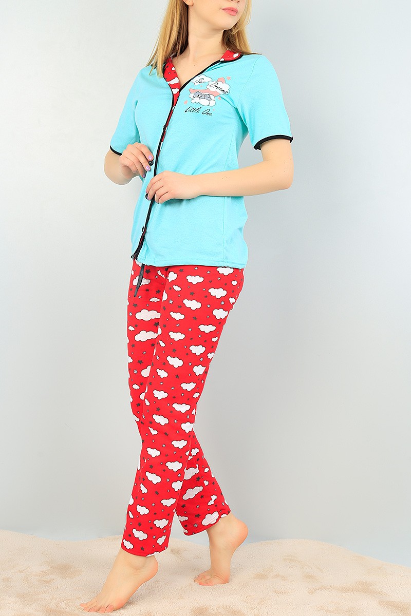 Su Yeşili Düğmeli Bayan  Baskılı Pijama Takımı 64948