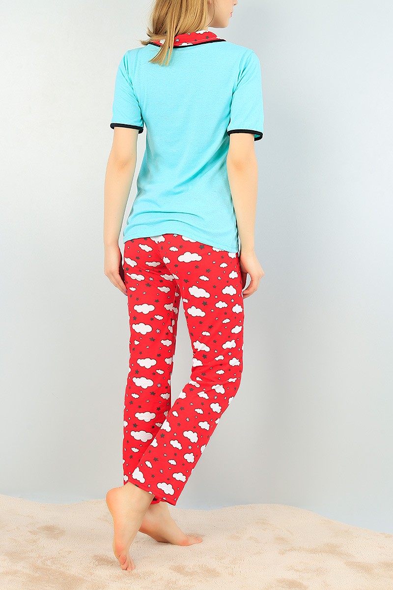 Su Yeşili Düğmeli Bayan  Baskılı Pijama Takımı 64948