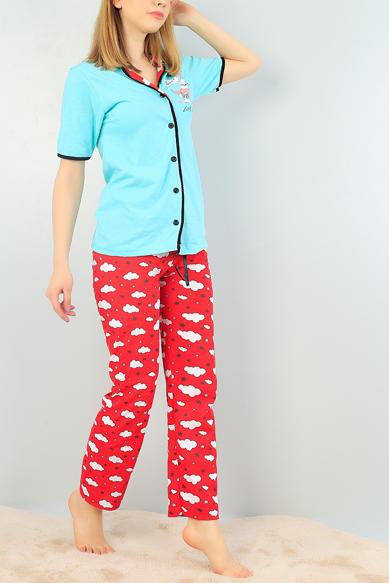 Su Yeşili Düğmeli Bayan  Baskılı Pijama Takımı 64948