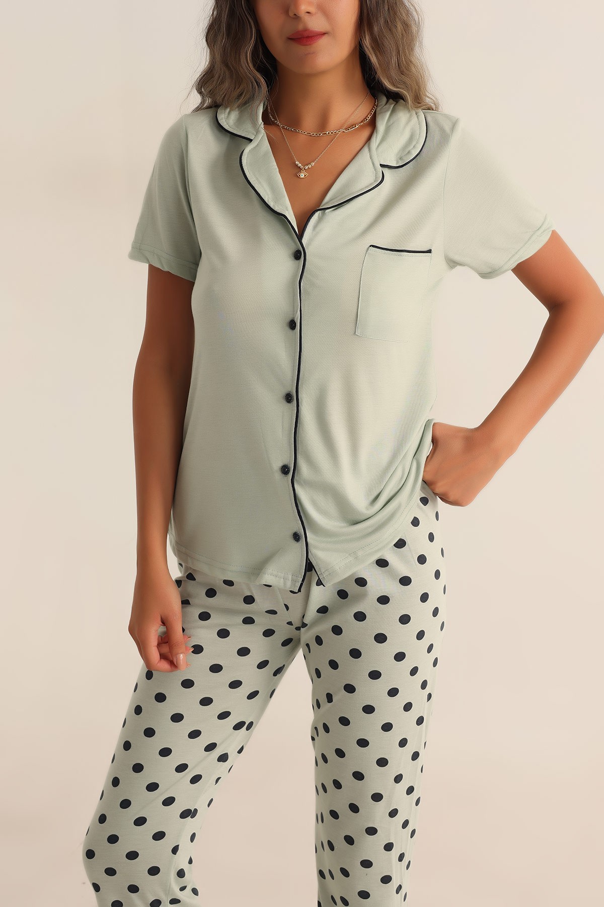 Su Yeşili Düğmeli Bayan Pijama Takımı 192129