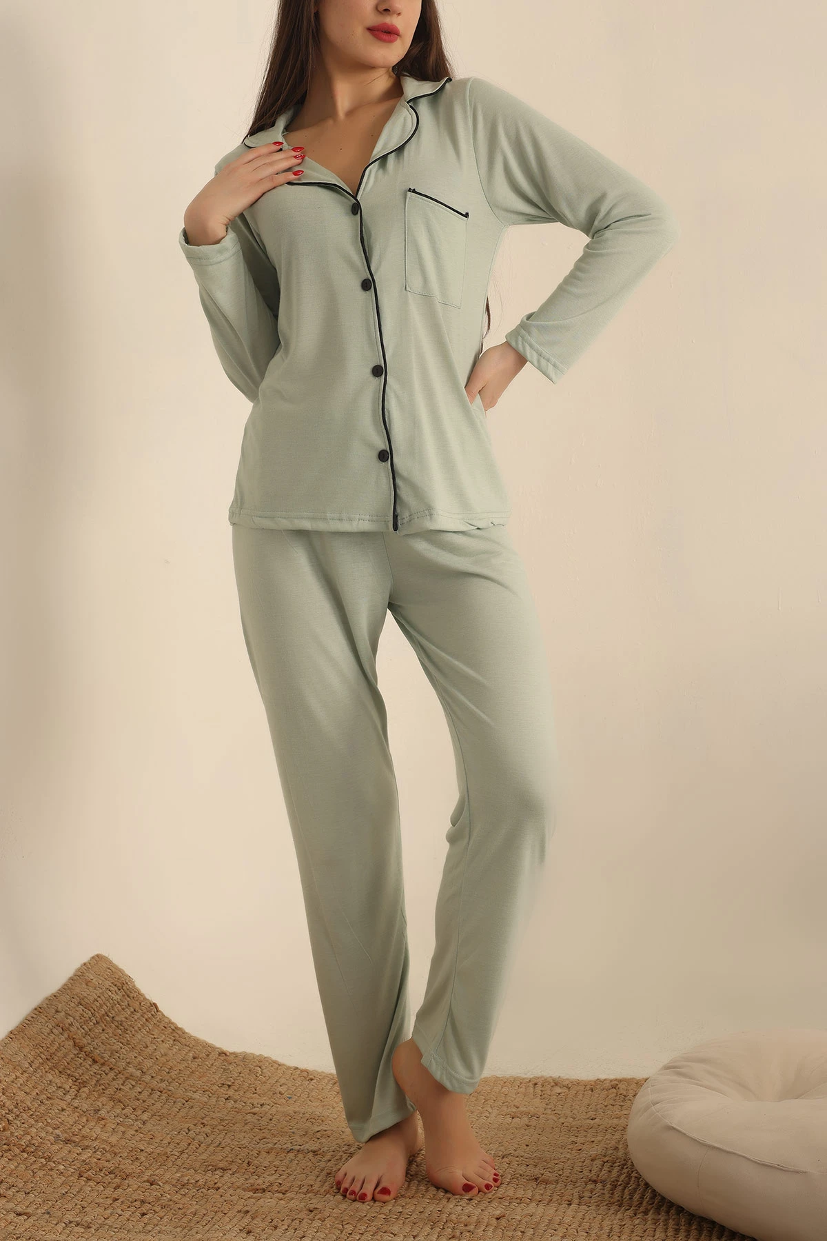 Su Yeşili Düğmeli Bayan Pijama Takımı 233335