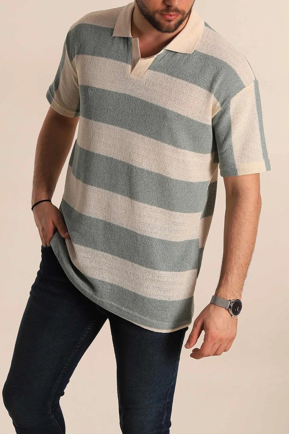 Su Yeşili Ekru Geniş Çizgili Oversize Polo Yaka Erkek Tişört 269203
