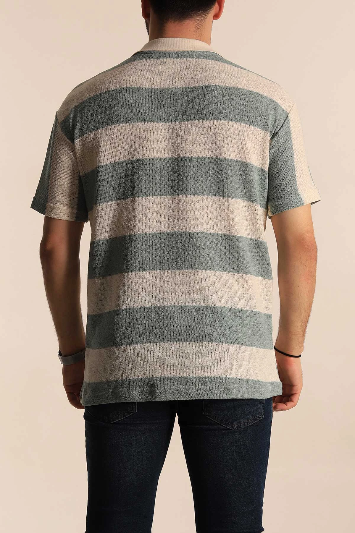 Su Yeşili Ekru Geniş Çizgili Oversize Polo Yaka Erkek Tişört 269203