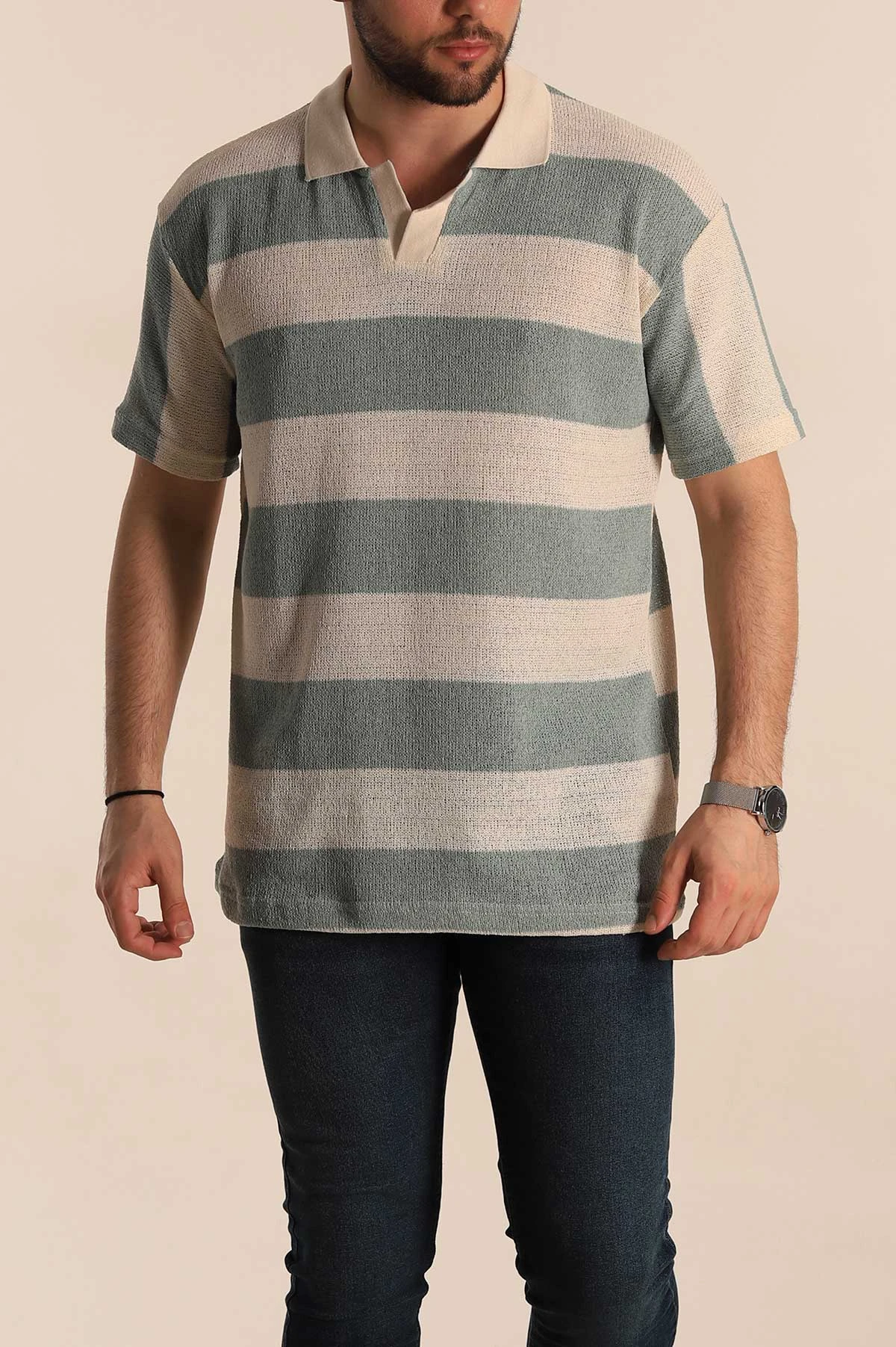 Su Yeşili Ekru Geniş Çizgili Oversize Polo Yaka Erkek Tişört 269203