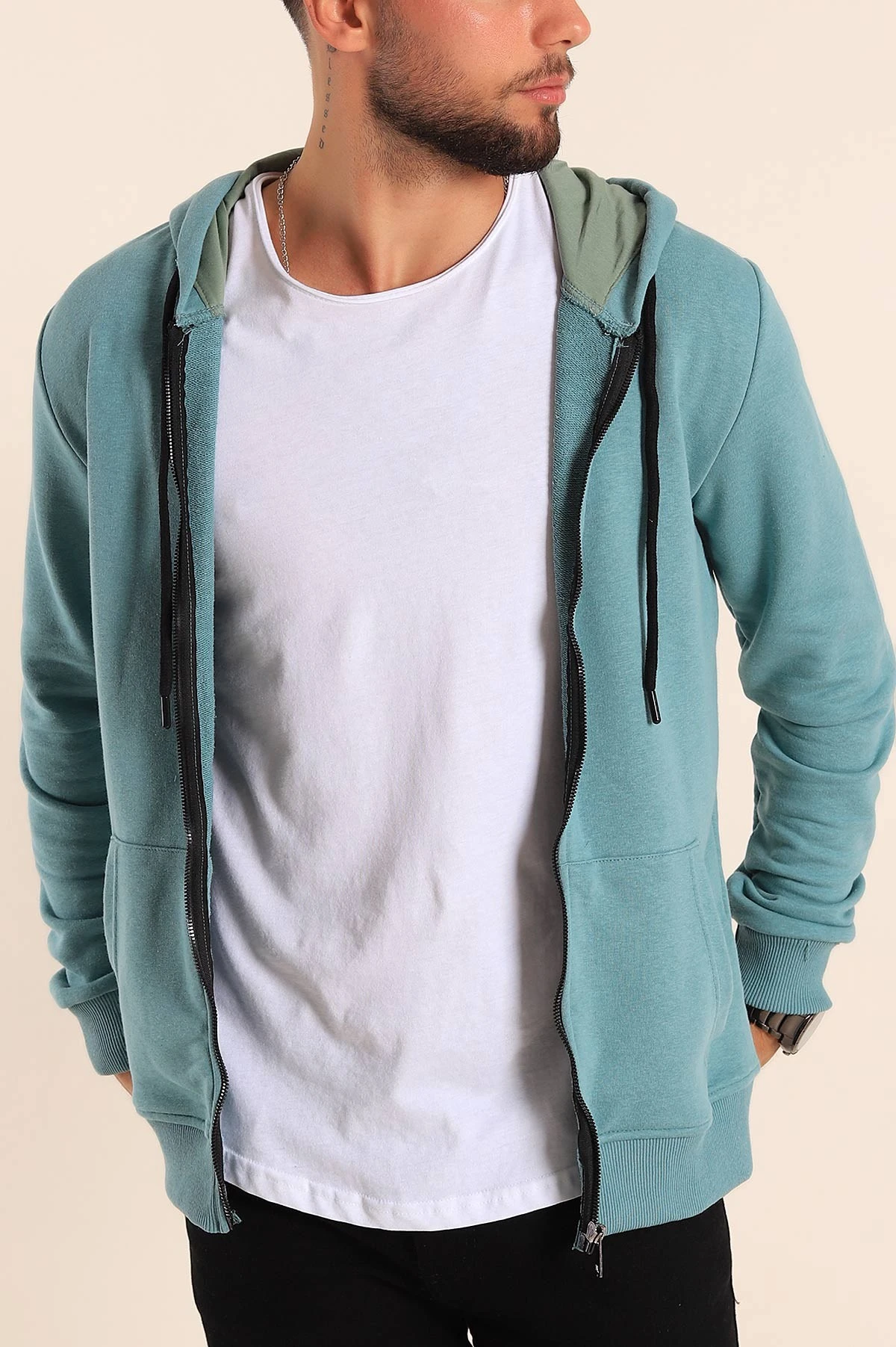 Su Yeşili Fermuarlı Kapüşonlu Erkek Sweatshirt 236553