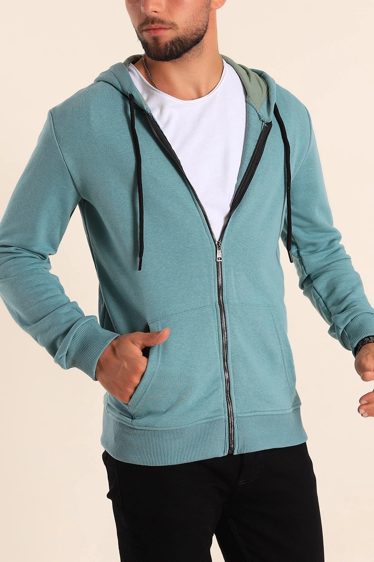 Su Yeşili Fermuarlı Kapüşonlu Erkek Sweatshirt 236553