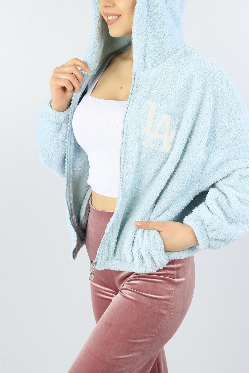 Su Yeşili Fermuarlı Nakışlı Bayan Yumoş Sweat 54019