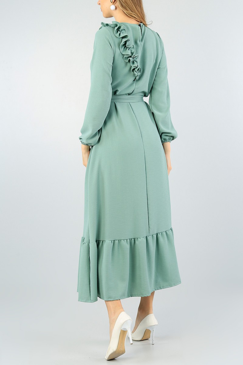Su Yeşili Fırfırlı Kemerli Elbise 58588