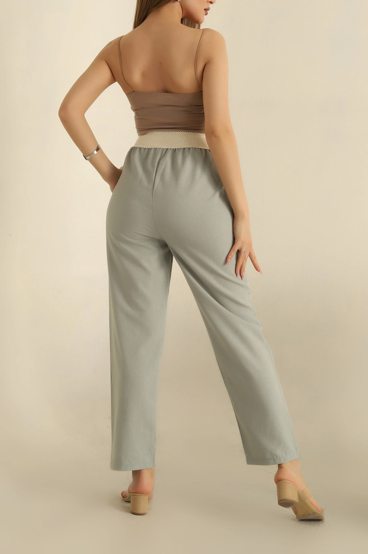 Su Yeşili Gipe Lastikli Dokuma Pantolon 254040