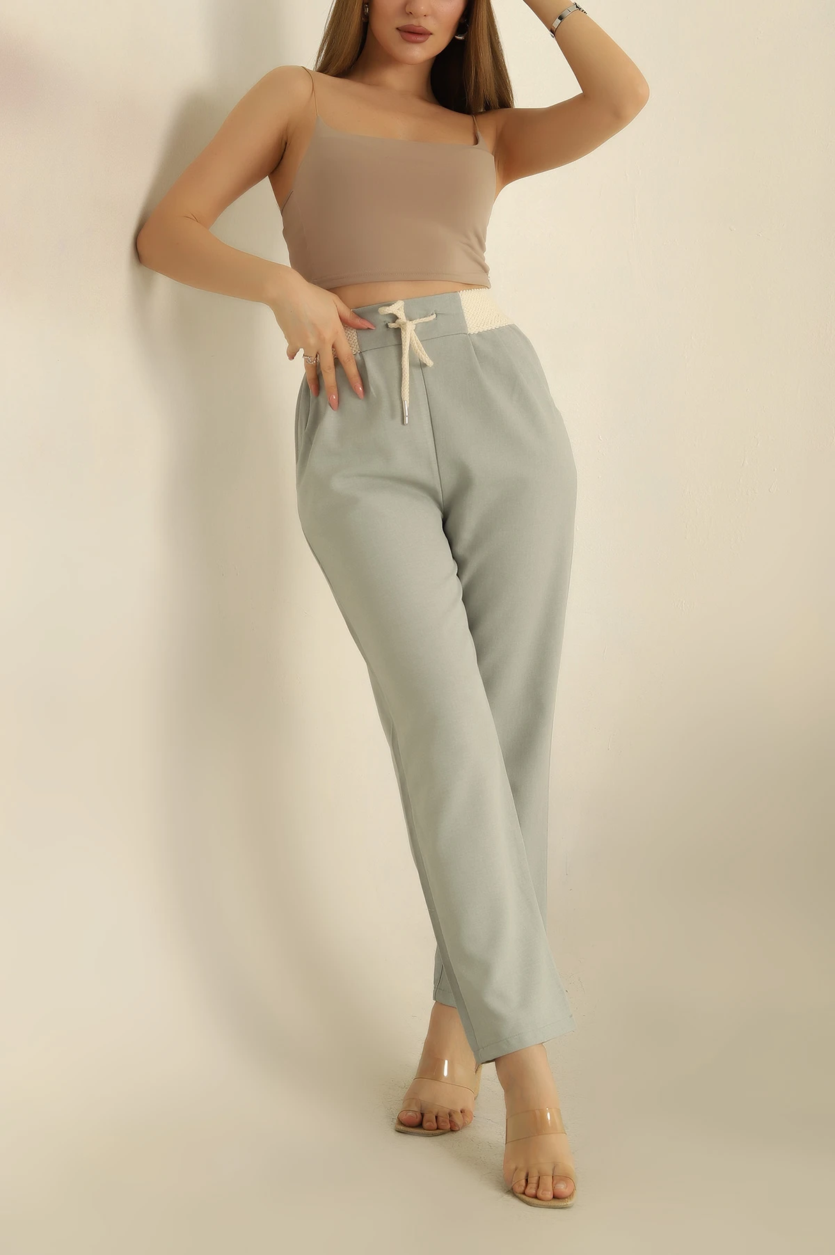 Su Yeşili Gipe Lastikli Dokuma Pantolon 254040