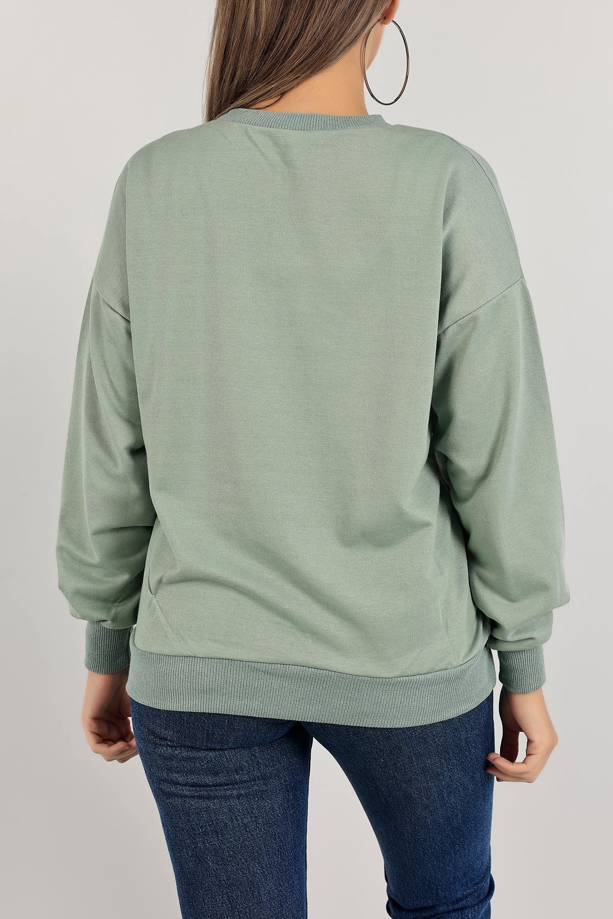 Su Yeşili İki İplik Nakışlı Sweat 140887