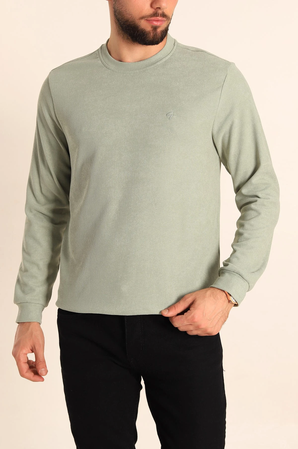 Su Yeşili Jakarlı Bisiklet Yaka Erkek Sweatshirt 236818