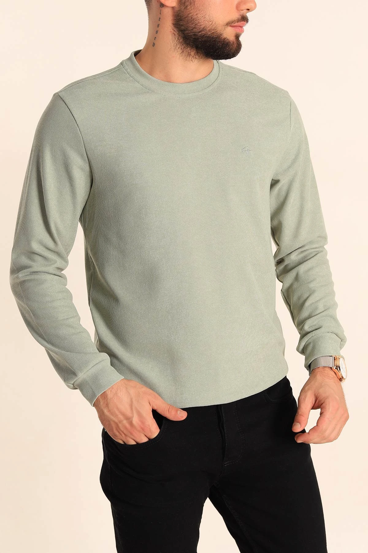 Su Yeşili Jakarlı Bisiklet Yaka Erkek Sweatshirt 236818