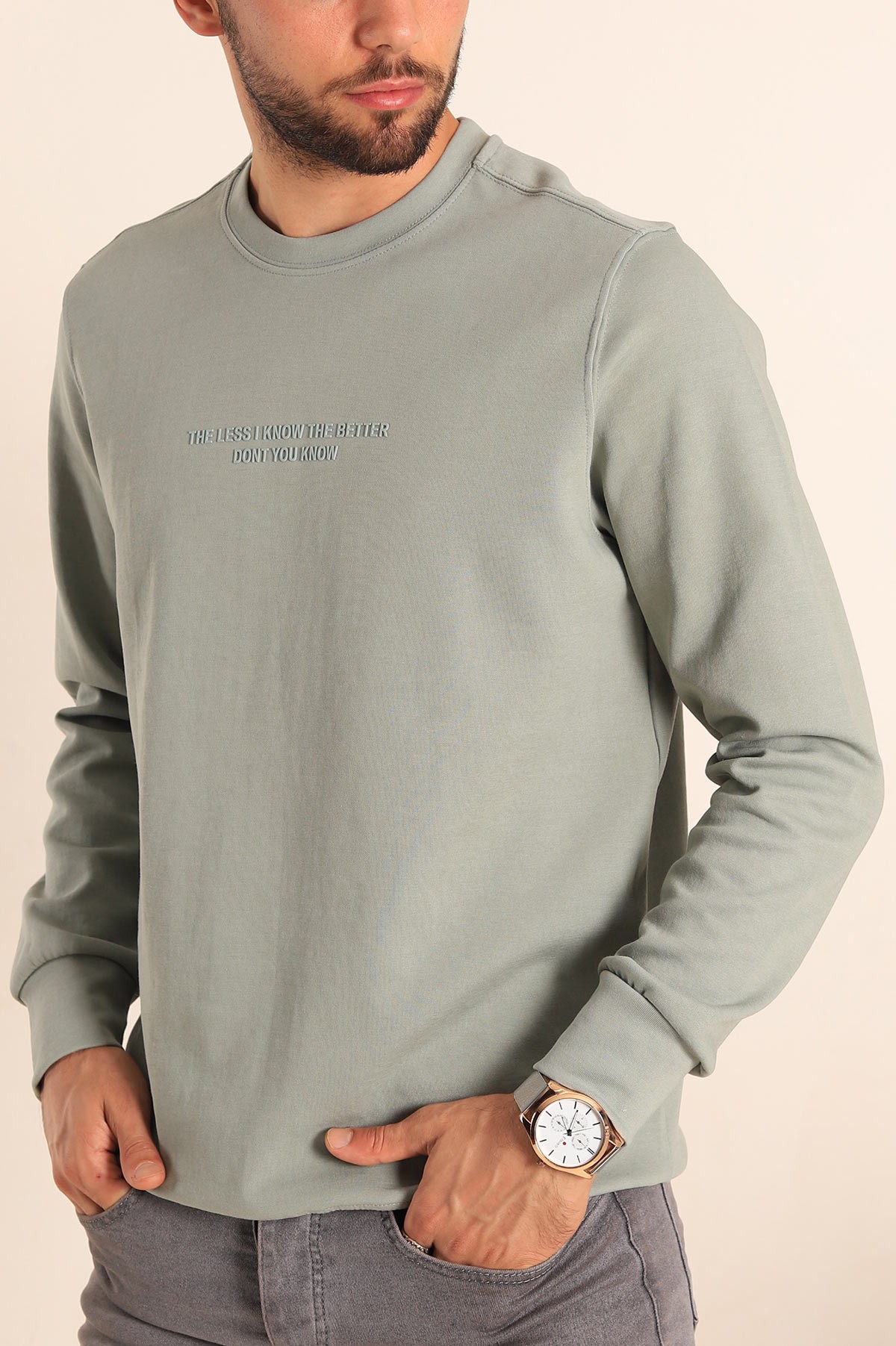 Su Yeşili Kabartma Yazılı Bisiklet Yaka Erkek Sweatshirt 204809