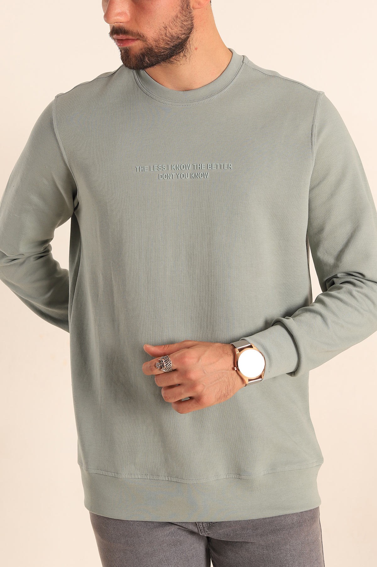 Su Yeşili Kabartma Yazılı Bisiklet Yaka Erkek Sweatshirt 204809