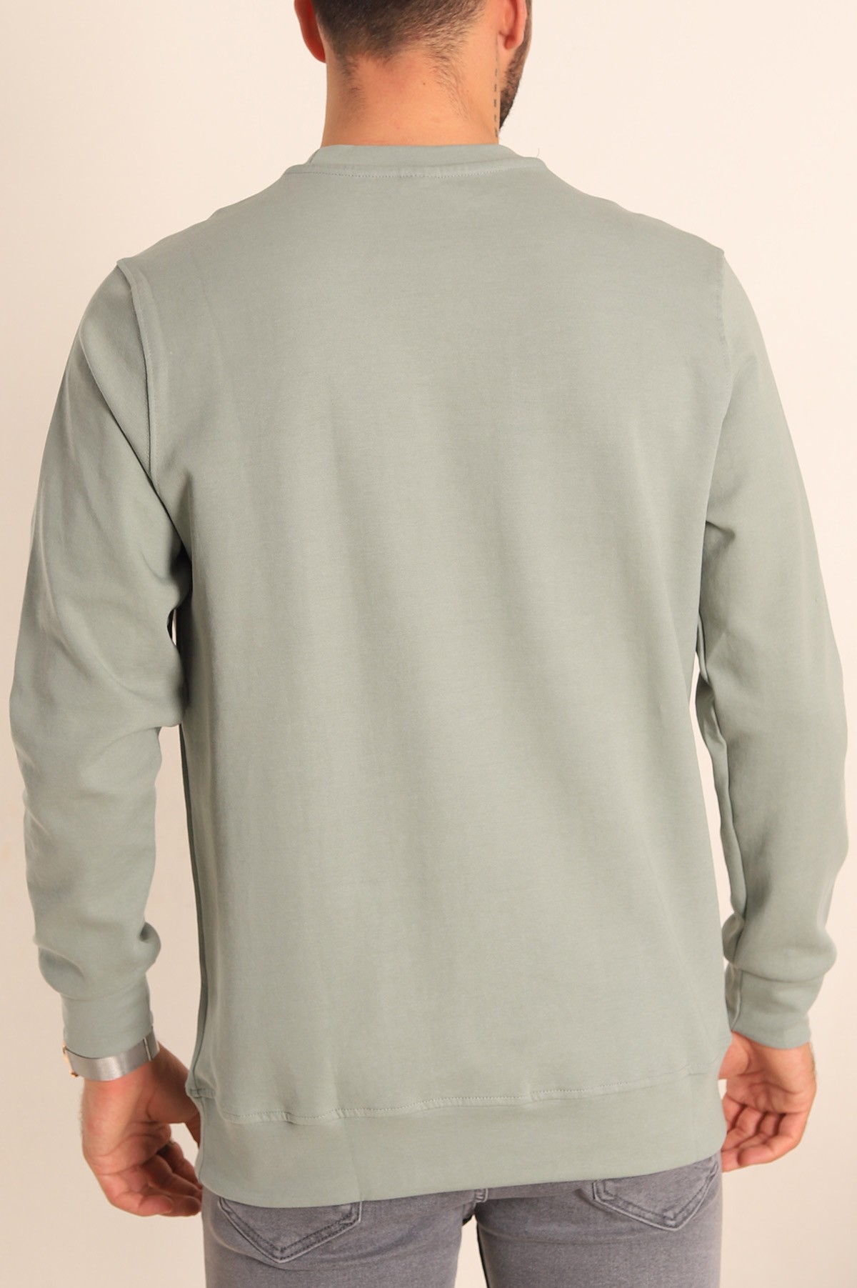 Su Yeşili Kabartma Yazılı Bisiklet Yaka Erkek Sweatshirt 204809
