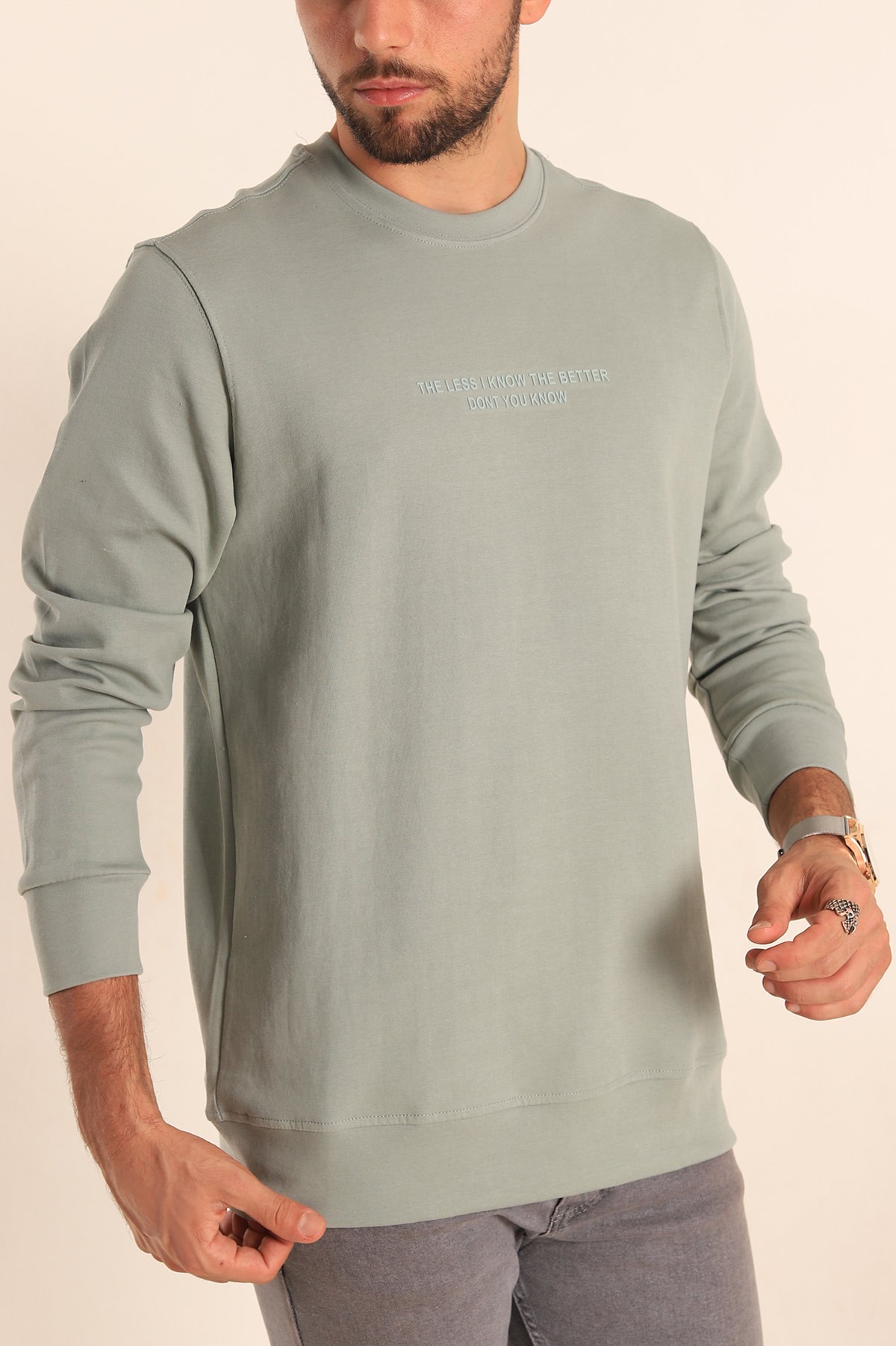Su Yeşili Kabartma Yazılı Bisiklet Yaka Erkek Sweatshirt 204809