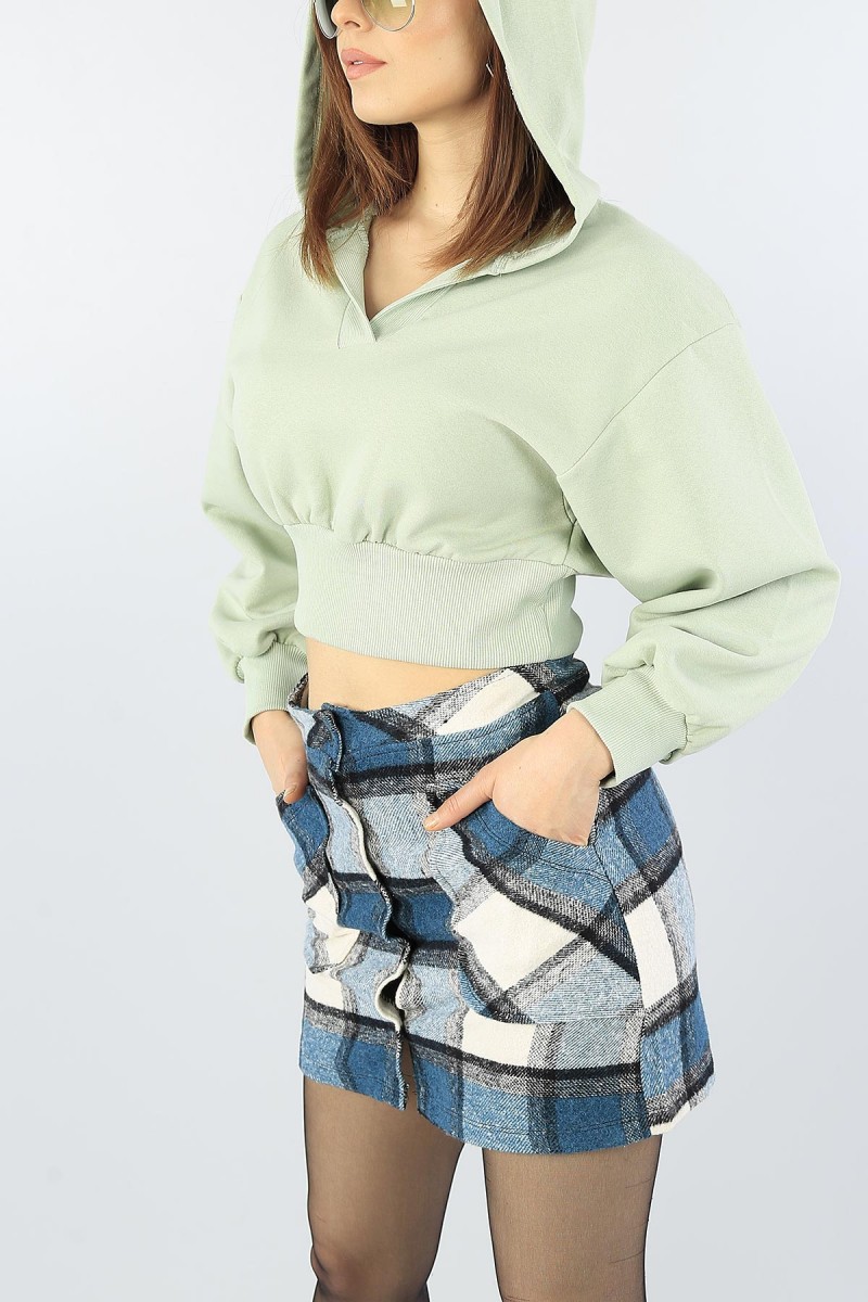 Su Yeşili Kapüşonlu Üç İp Bayan Crop Sweat 53566