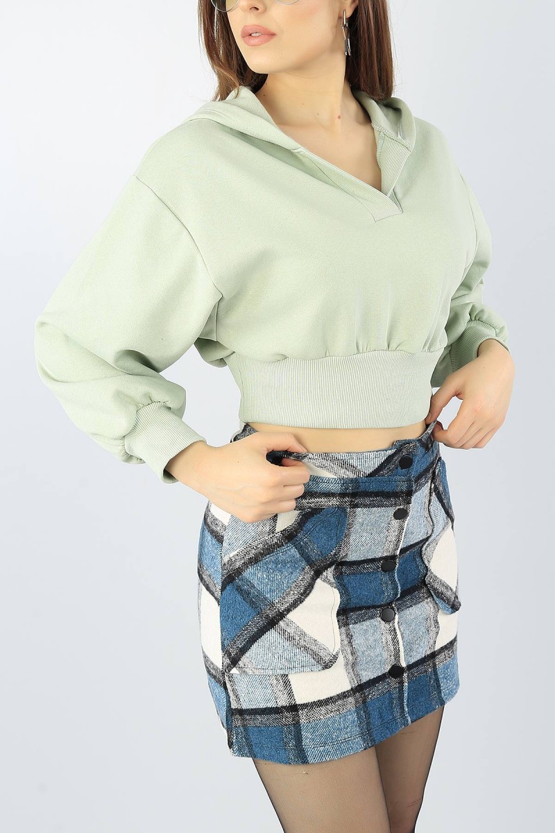 Su Yeşili Kapüşonlu Üç İp Bayan Crop Sweat 53566