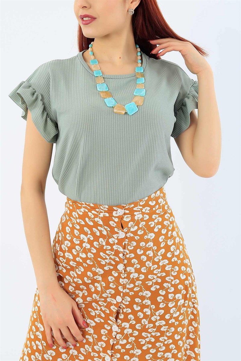 Su Yeşili Kolu Fırfırlı Kaşkorse Bluz 31420