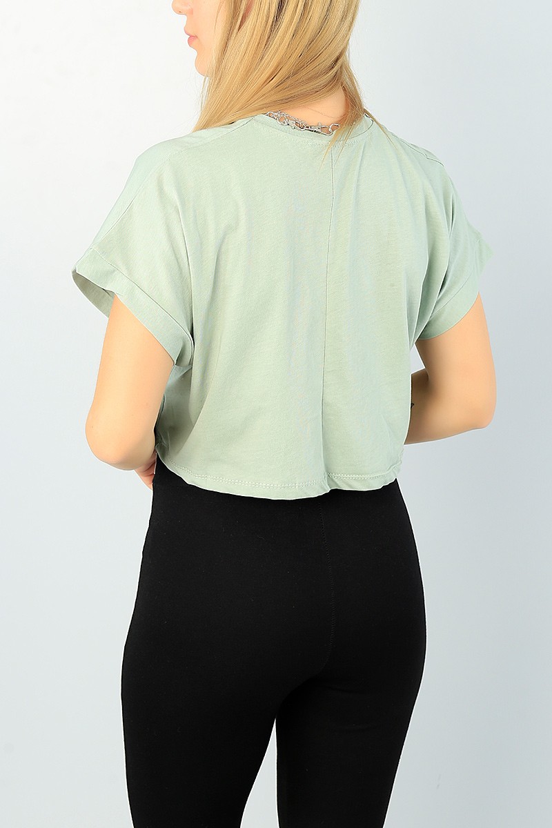 Su Yeşili Likralı Crop Bayan Tişört 65293