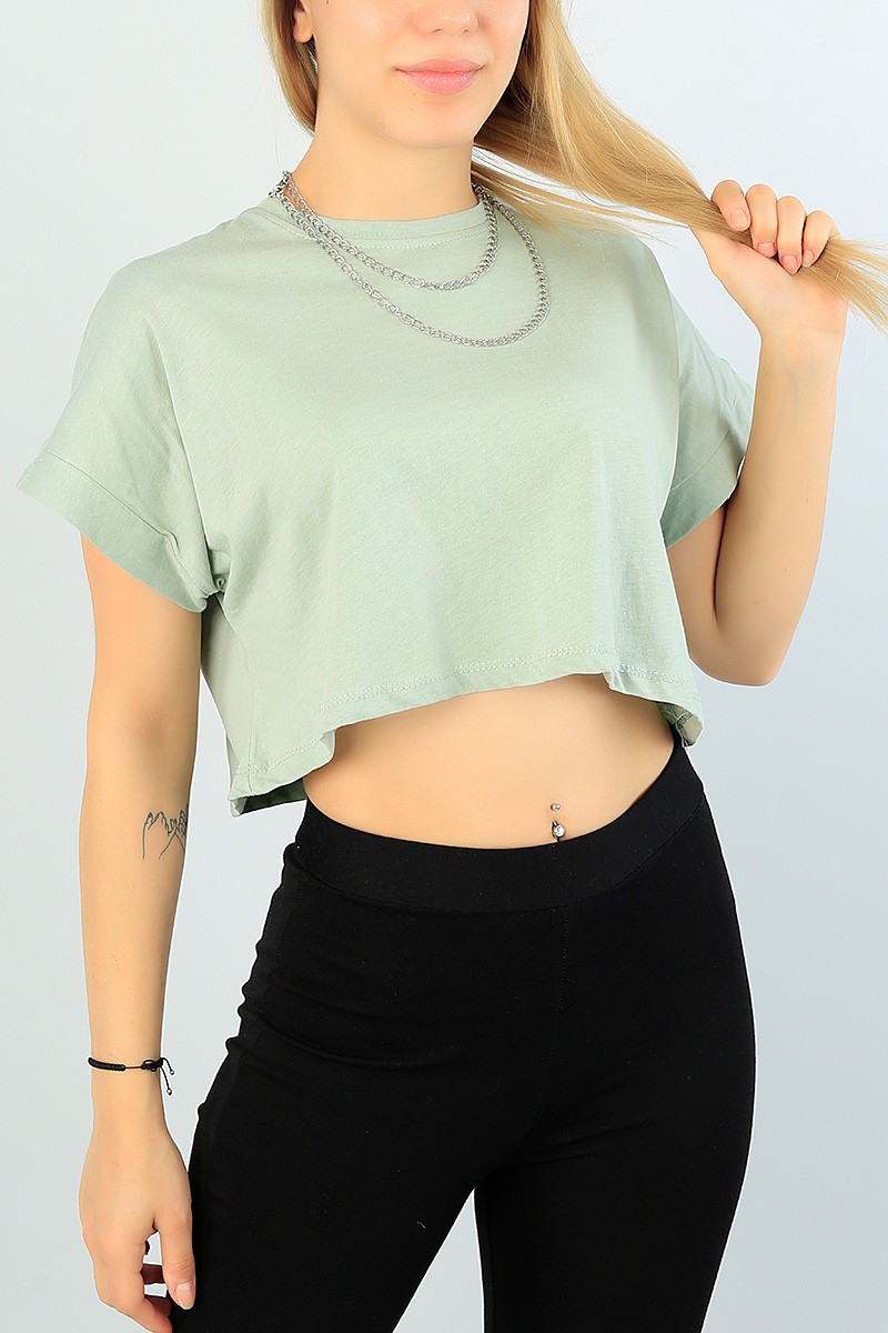 Su Yeşili Likralı Crop Bayan Tişört 65293