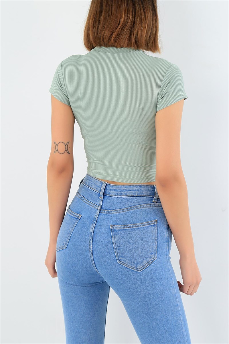 Su Yeşili Likralı Crop Tişört 30541