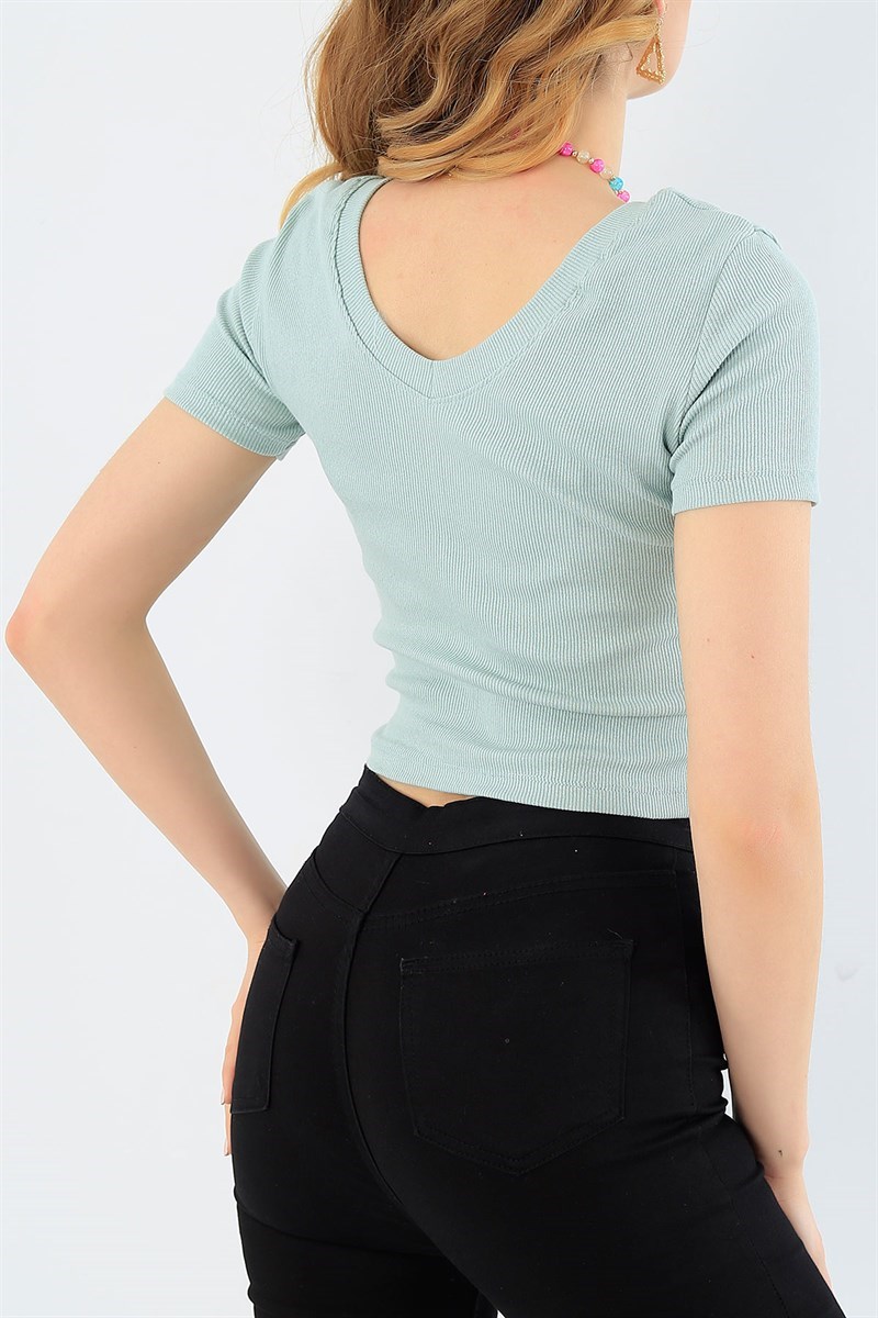 Su Yeşili Likralı Crop Tişört 33278
