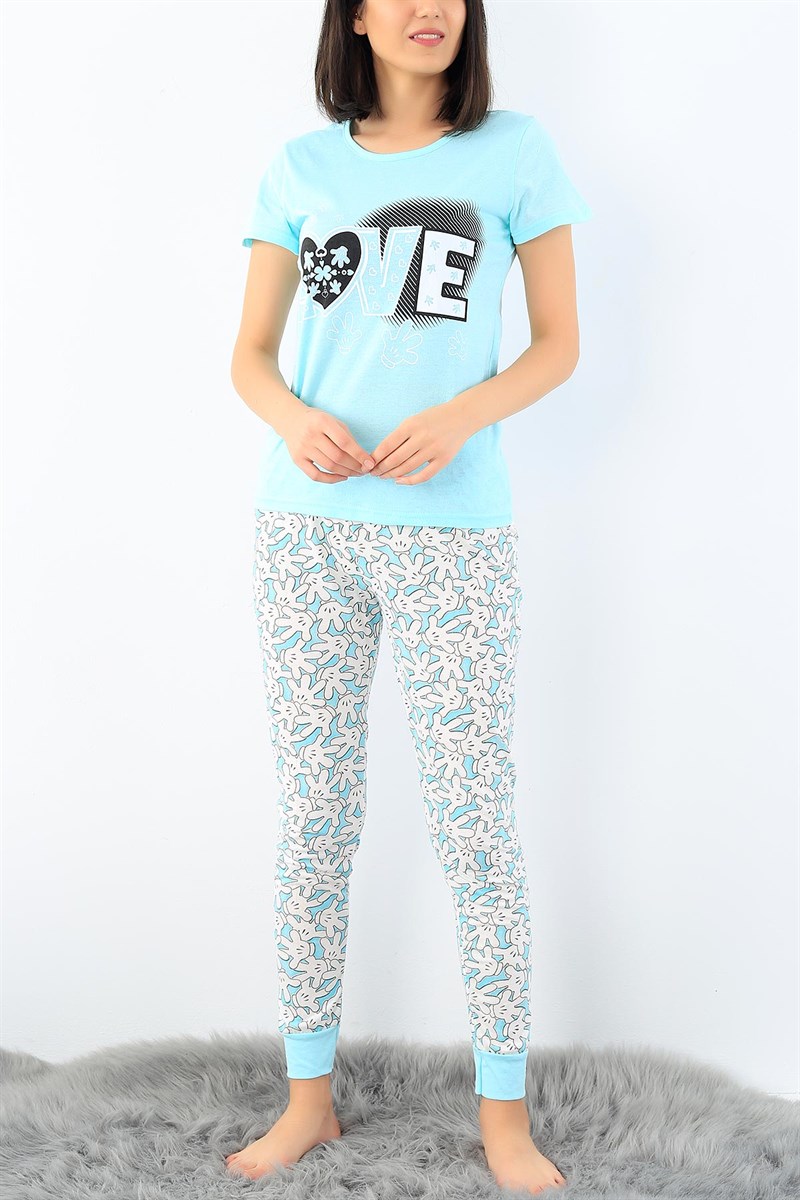Su Yeşili Love Baskılı Bayan Pijama Takımı 32325