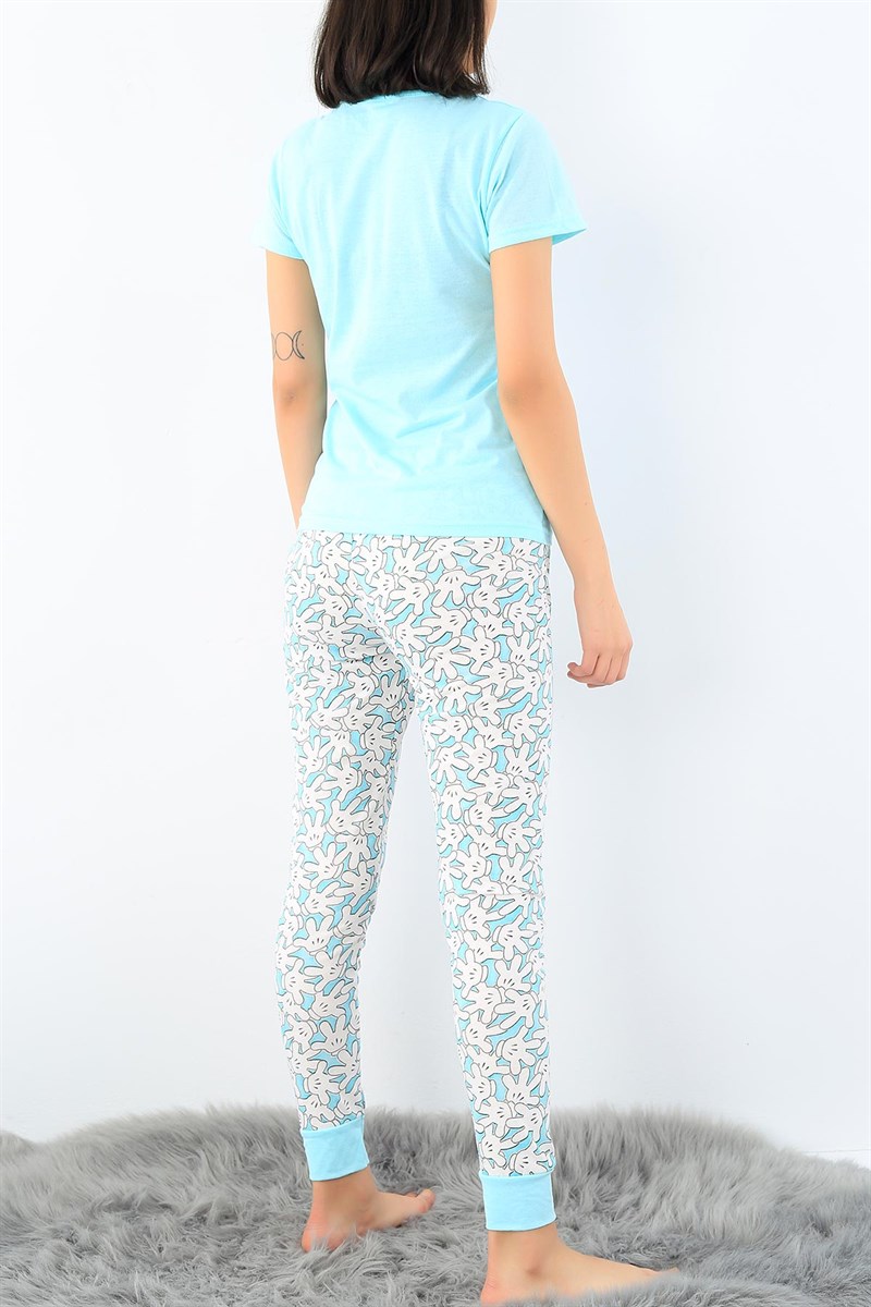 Su Yeşili Love Baskılı Bayan Pijama Takımı 32325