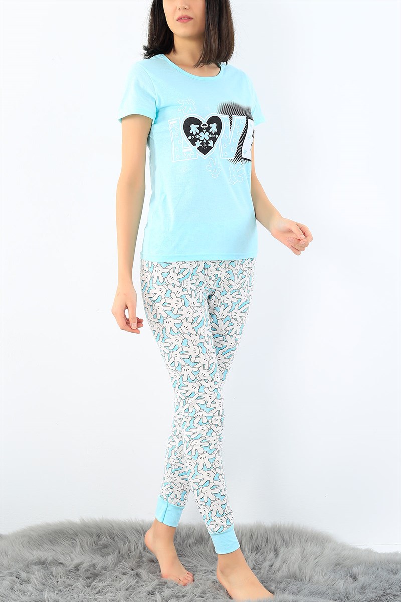 Su Yeşili Love Baskılı Bayan Pijama Takımı 32325