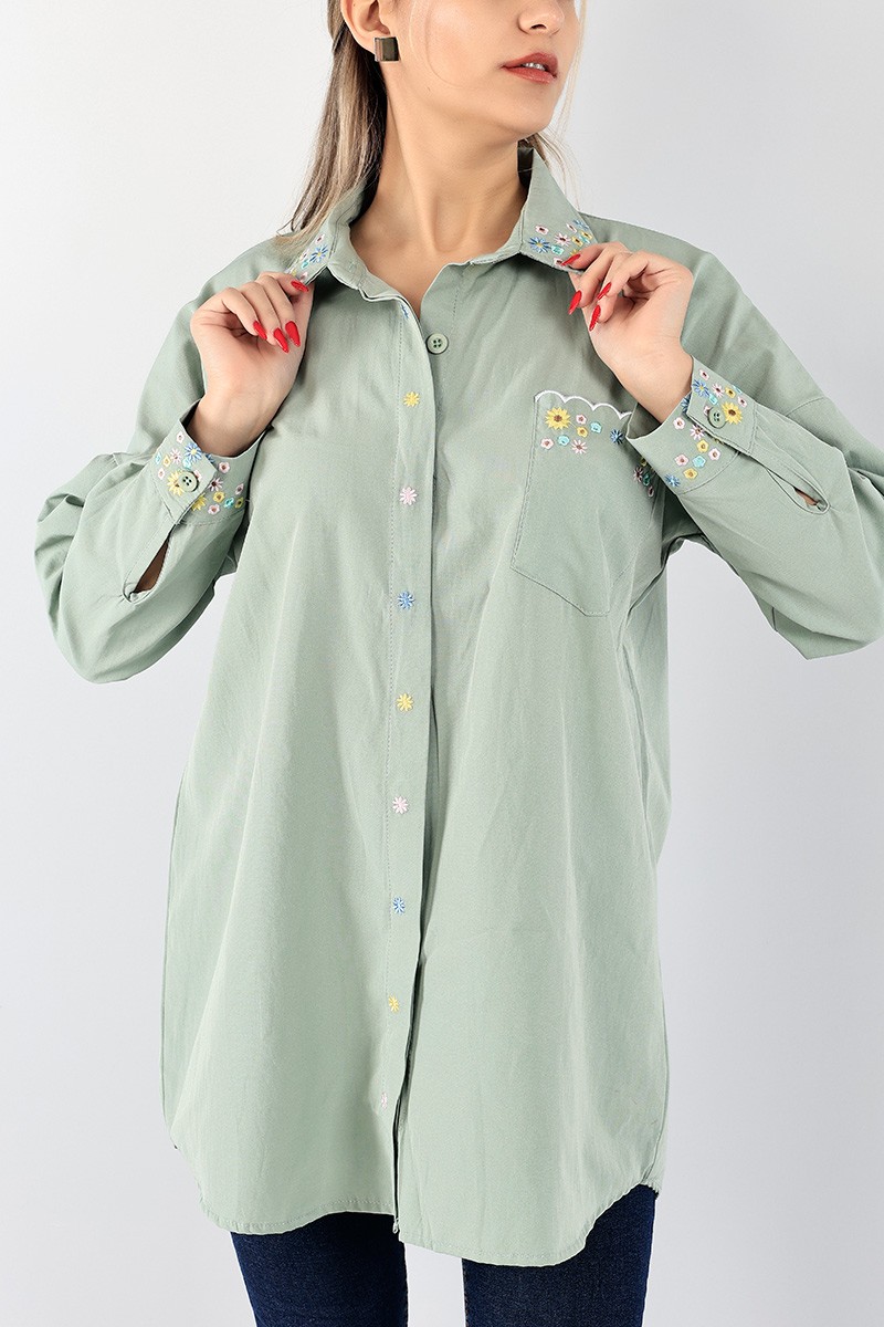 Su Yeşili Nakışlı Poplin Gömlek Tunik 96454