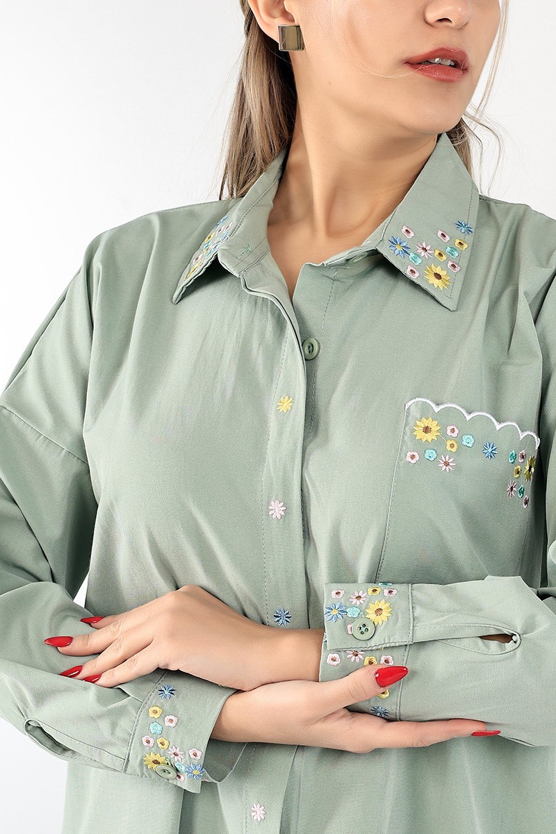 Su Yeşili Nakışlı Poplin Gömlek Tunik 96454
