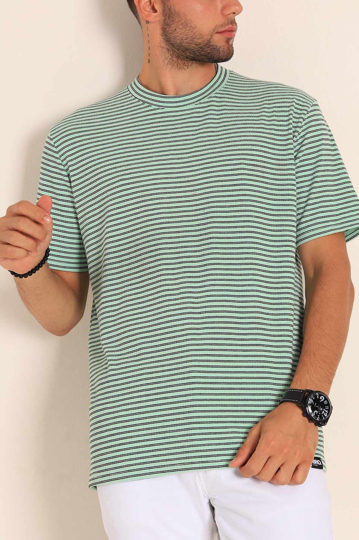Su Yeşili Oversize Çizgili Örme Erkek Tişört 194577