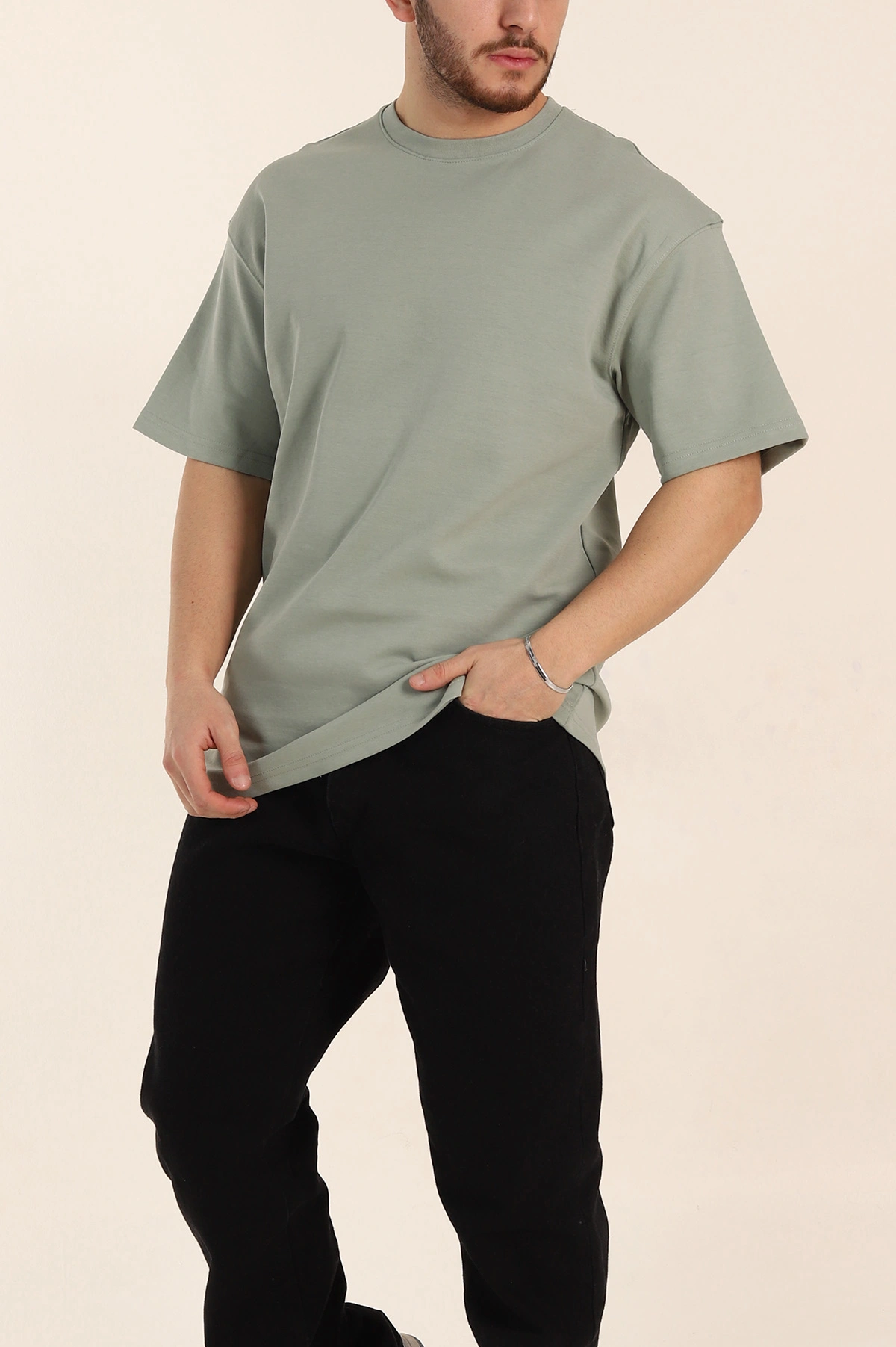 Su Yeşili Oversize Double Face Kumaş Basic Erkek Tişört 340528