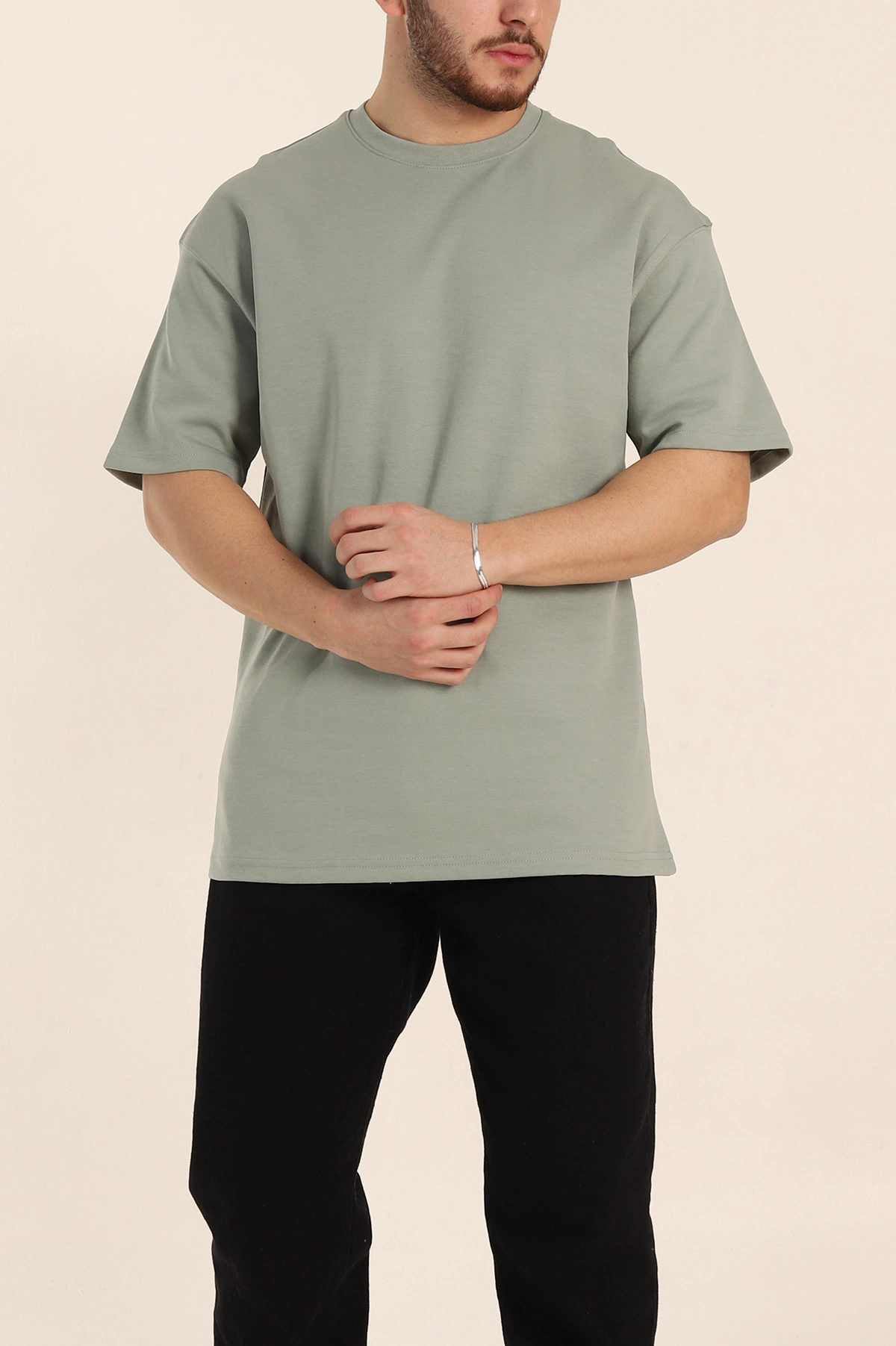 Su Yeşili Oversize Double Face Kumaş Basic Erkek Tişört 340528