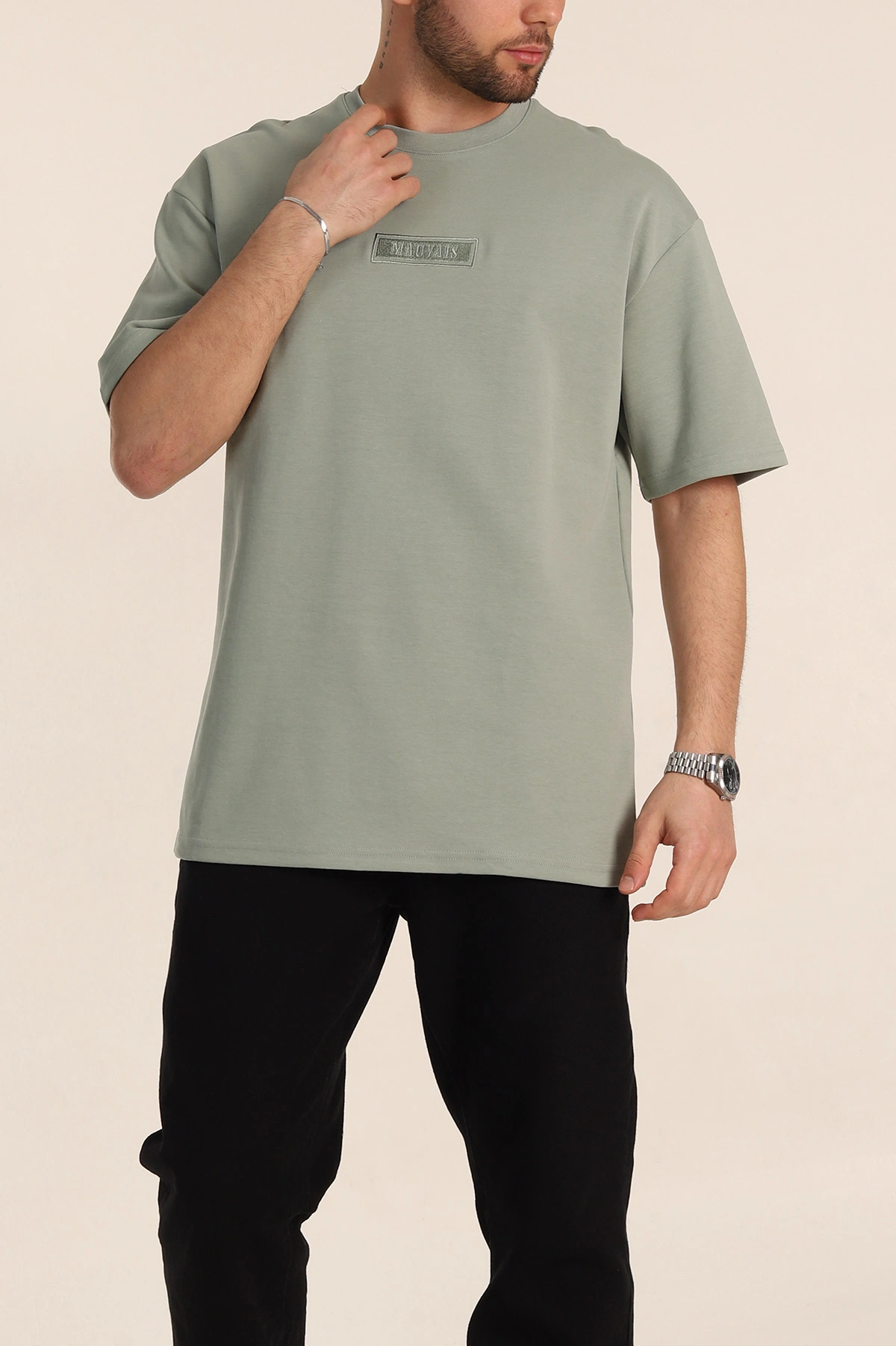 Su Yeşili Oversize Duble Kumaş Nakış Detaylı Erkek Tişört 345725