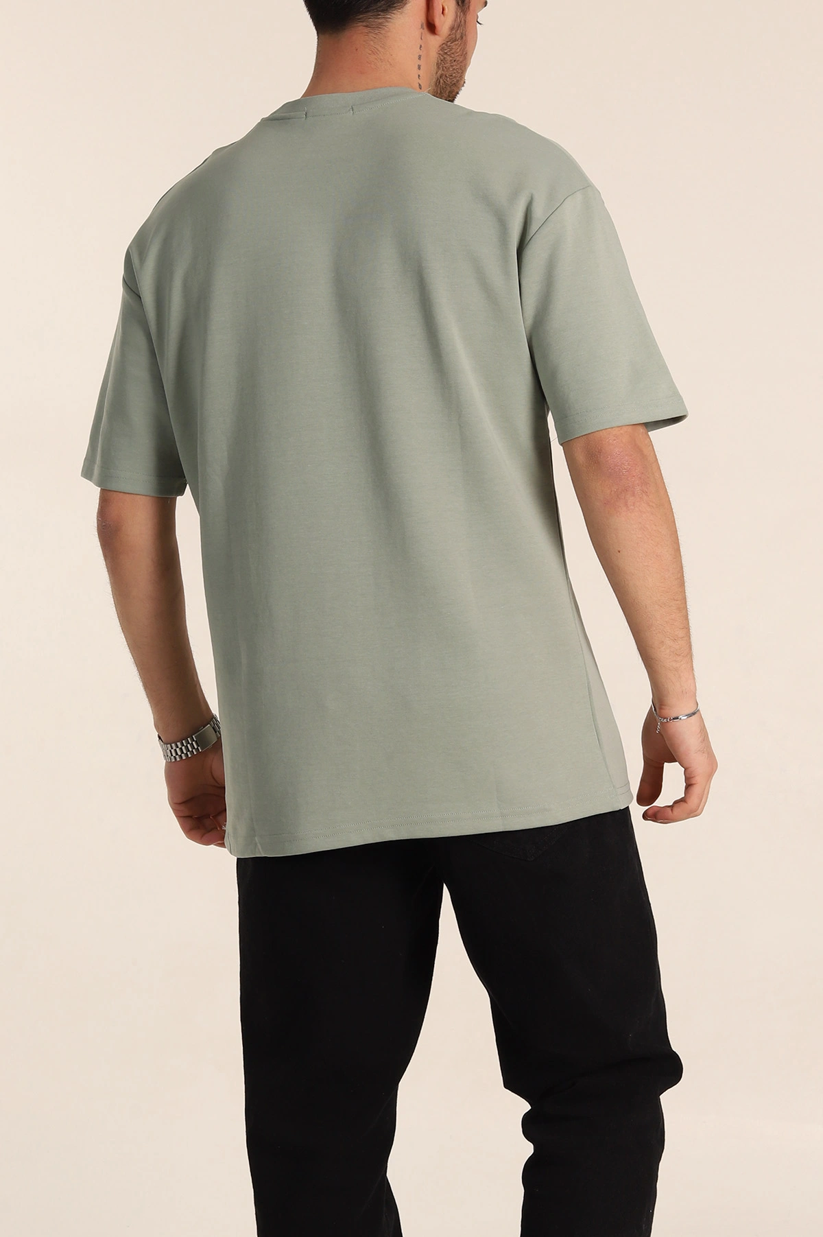 Su Yeşili Oversize Duble Kumaş Nakış Detaylı Erkek Tişört 345725