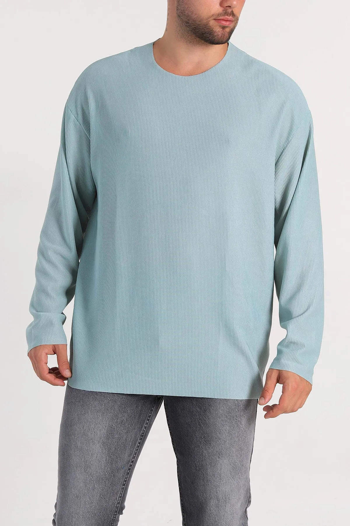 Su Yeşili Oversize Fitilli Doku Geniş Yaka Erkek Sweatshirt 306961