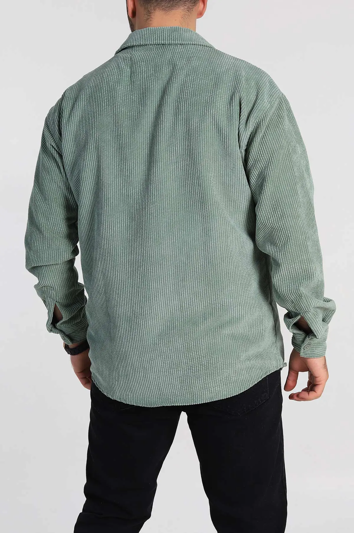 Su Yeşili Oversize Fitilli Kadife Cep Detaylı Erkek Gömlek 318412