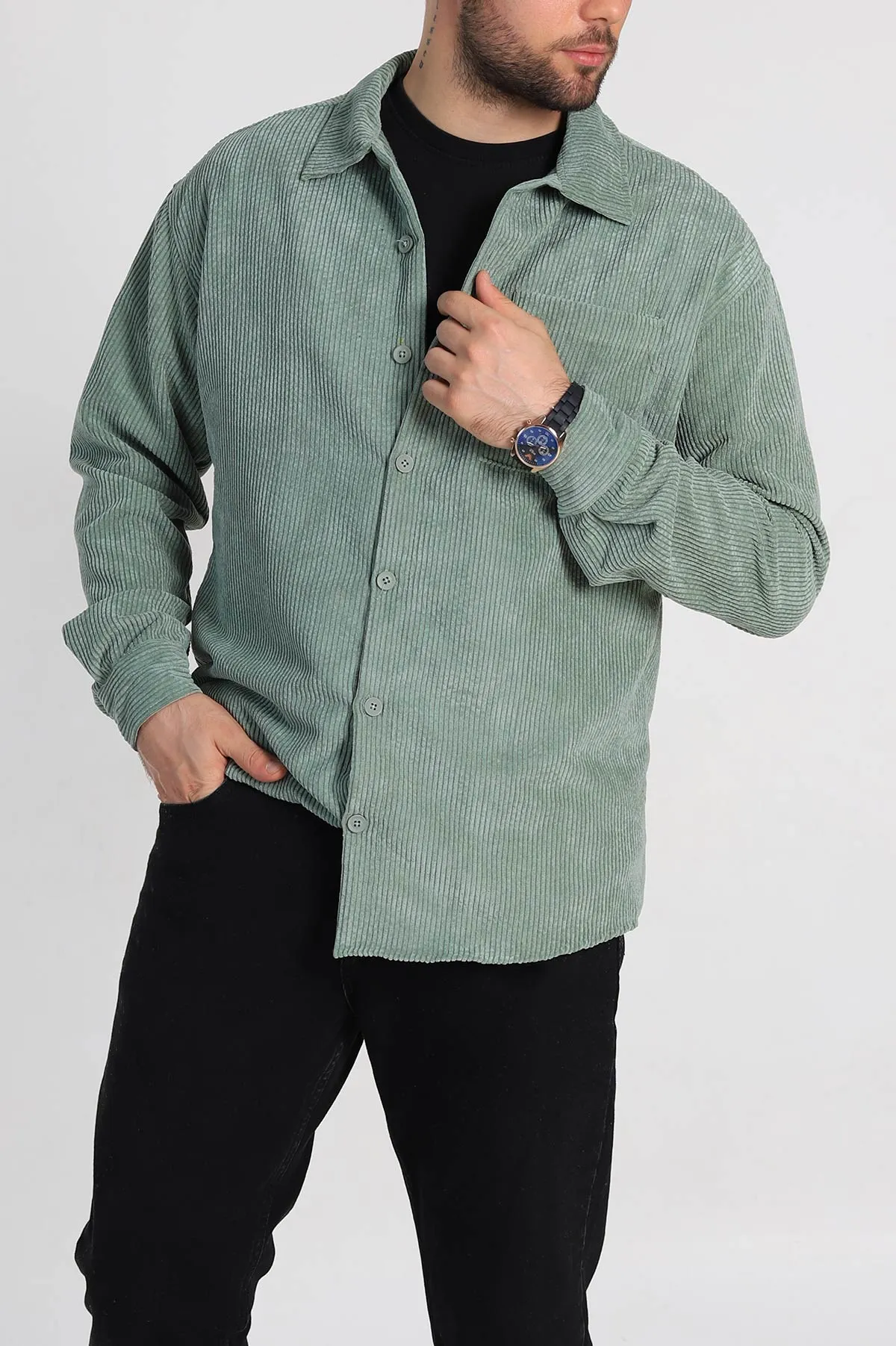 Su Yeşili Oversize Fitilli Kadife Cep Detaylı Erkek Gömlek 318412